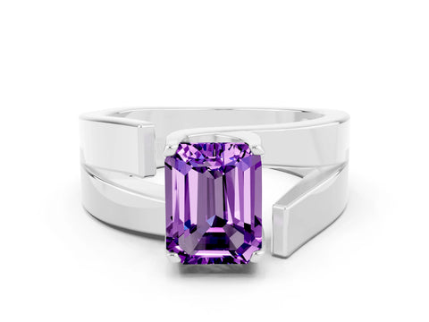 White gold Modern Tension Set Emerald Cut Amethyst Solitaire Wide Band Ring