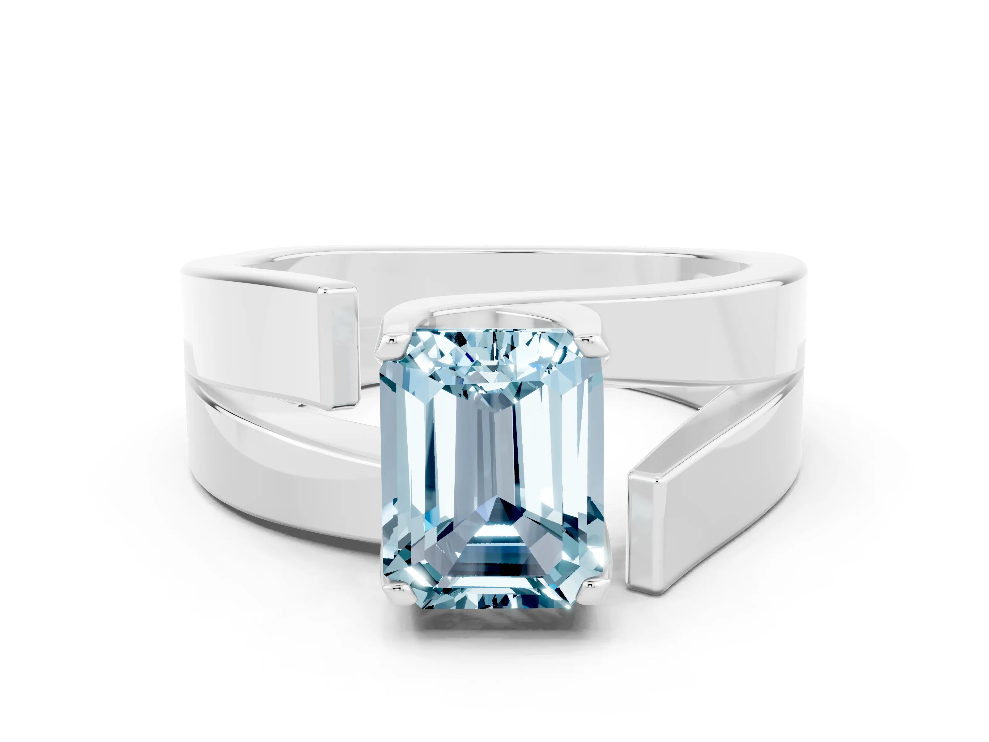 White gold Modern Tension Set Emerald Cut Aquamarine Solitaire Wide Band Ring_30