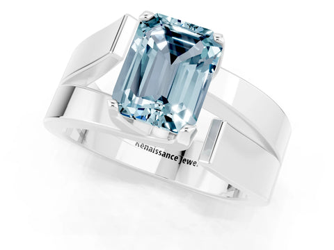 White gold Modern Tension Set Emerald Cut Aquamarine Solitaire Wide Band Ring_31