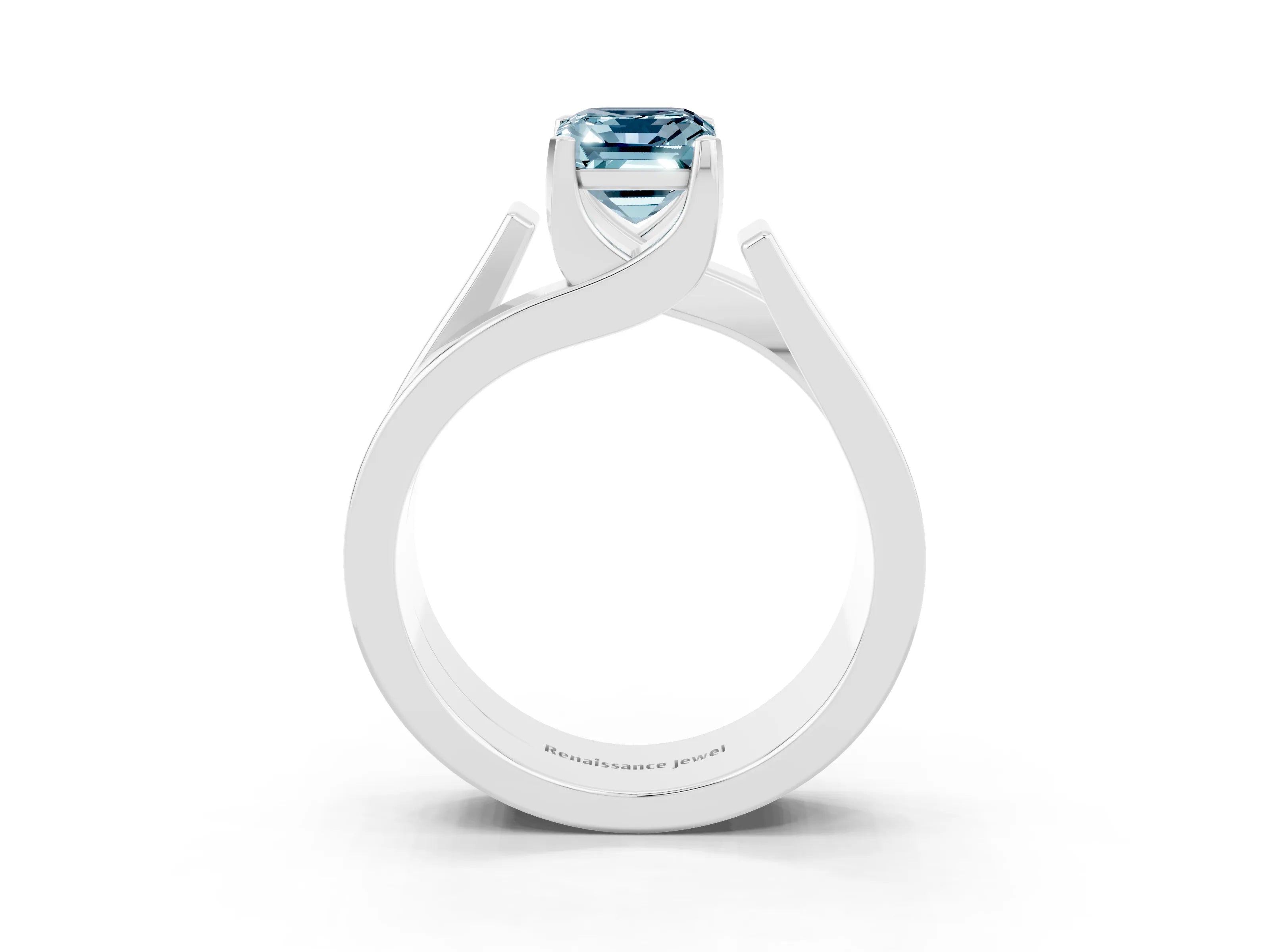 White gold Modern Tension Set Emerald Cut Aquamarine Solitaire Wide Band Ring_35