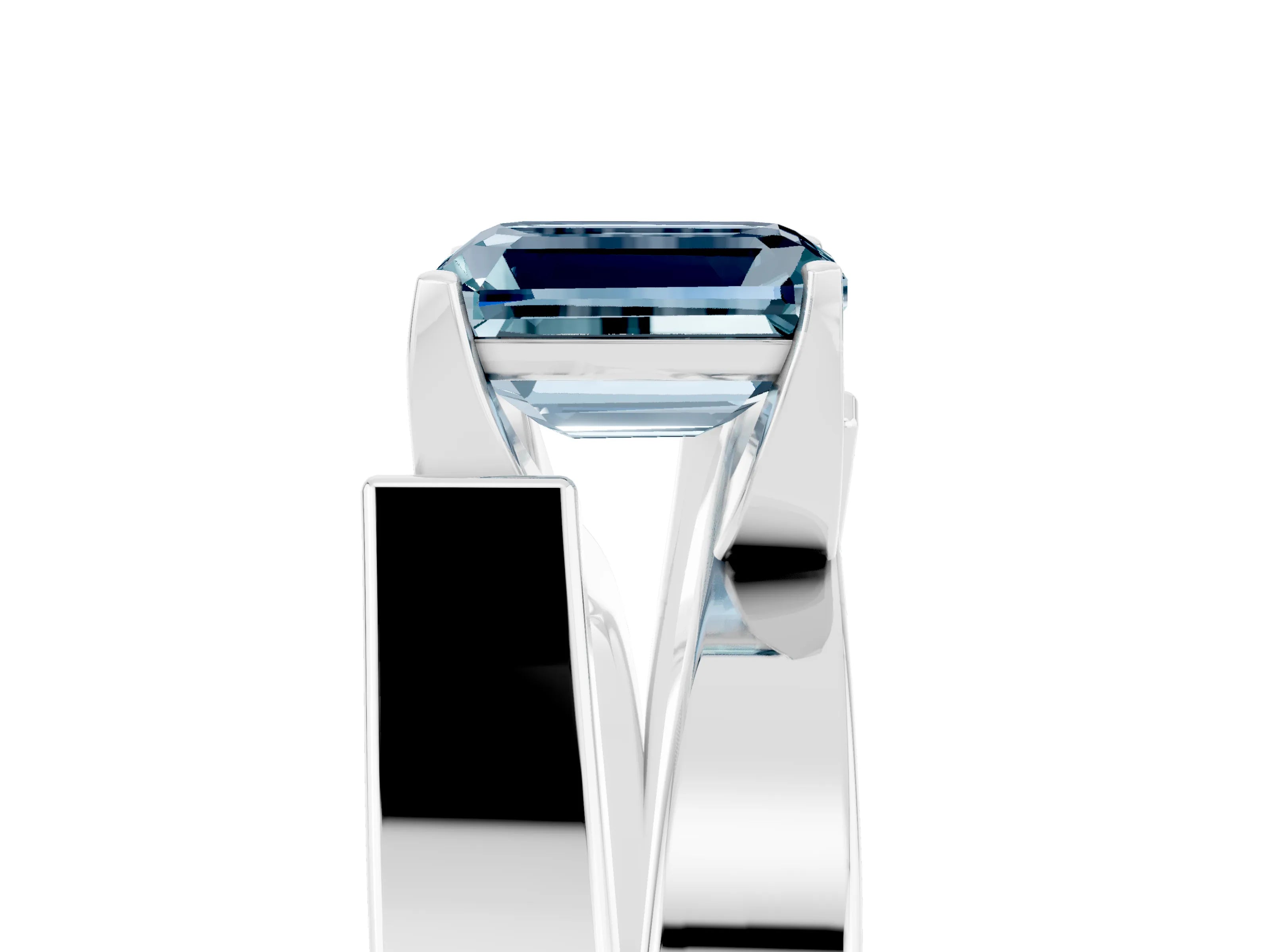 White gold Modern Tension Set Emerald Cut Aquamarine Solitaire Wide Band Ring_35