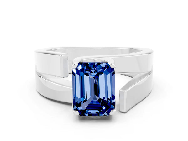 Platinum Modern Tension Set Emerald Cut Blue Sapphire Solitaire Wide Band Ring