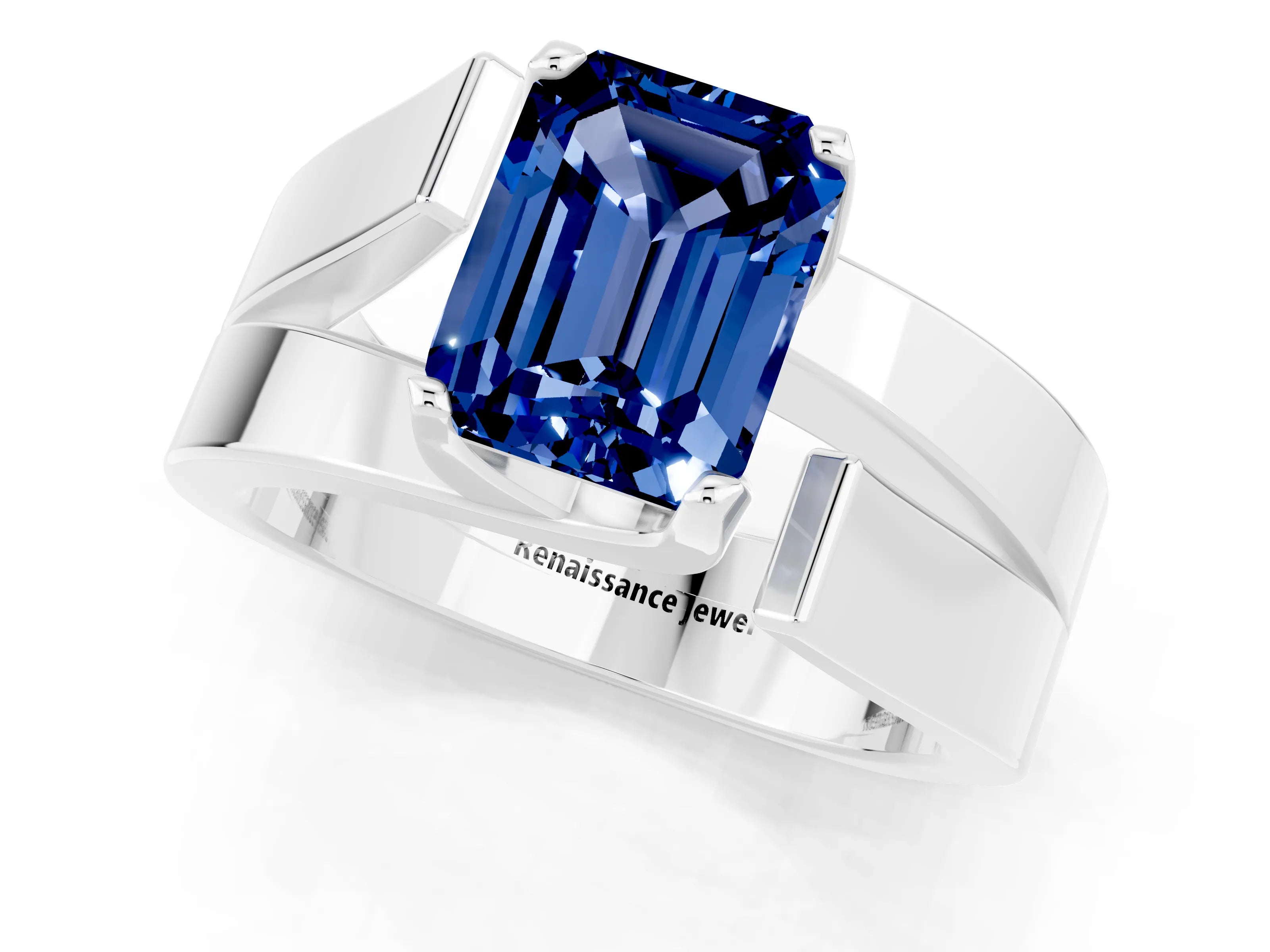 White gold Modern Tension Set Emerald Cut Blue Sapphire Solitaire Wide Band Ring_1