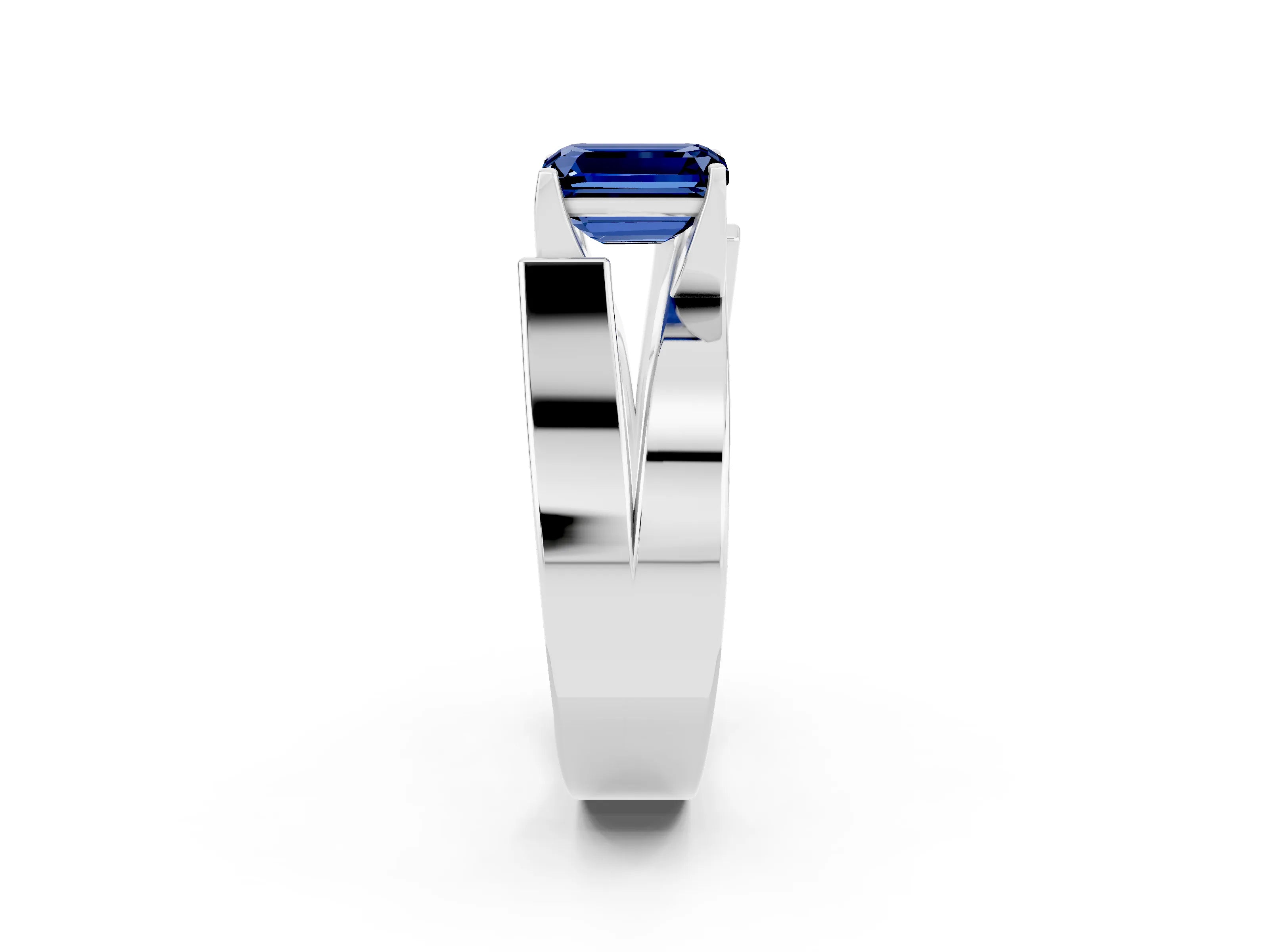 White gold Modern Tension Set Emerald Cut Blue Sapphire Solitaire Wide Band Ring_2
