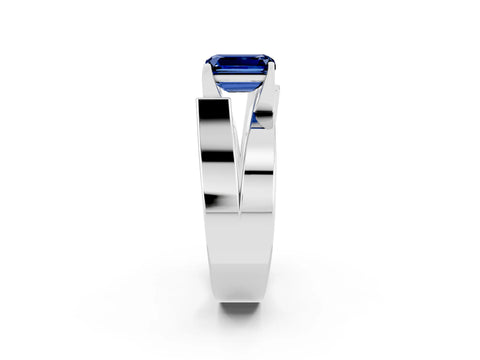 White gold Modern Tension Set Emerald Cut Blue Sapphire Solitaire Wide Band Ring_2
