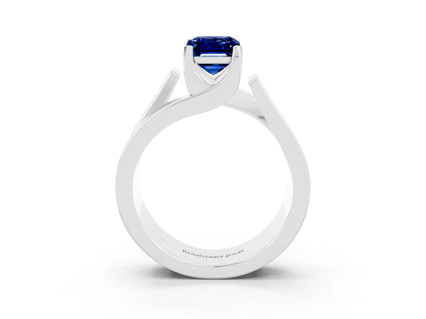 Platinum Modern Tension Set Emerald Cut Blue Sapphire Solitaire Wide Band Ring