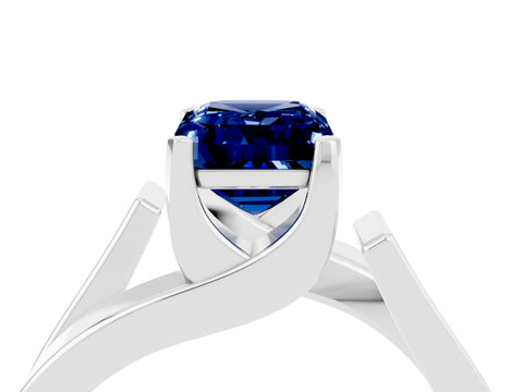 White gold Modern Tension Set Emerald Cut Blue Sapphire Solitaire Wide Band Ring_4
