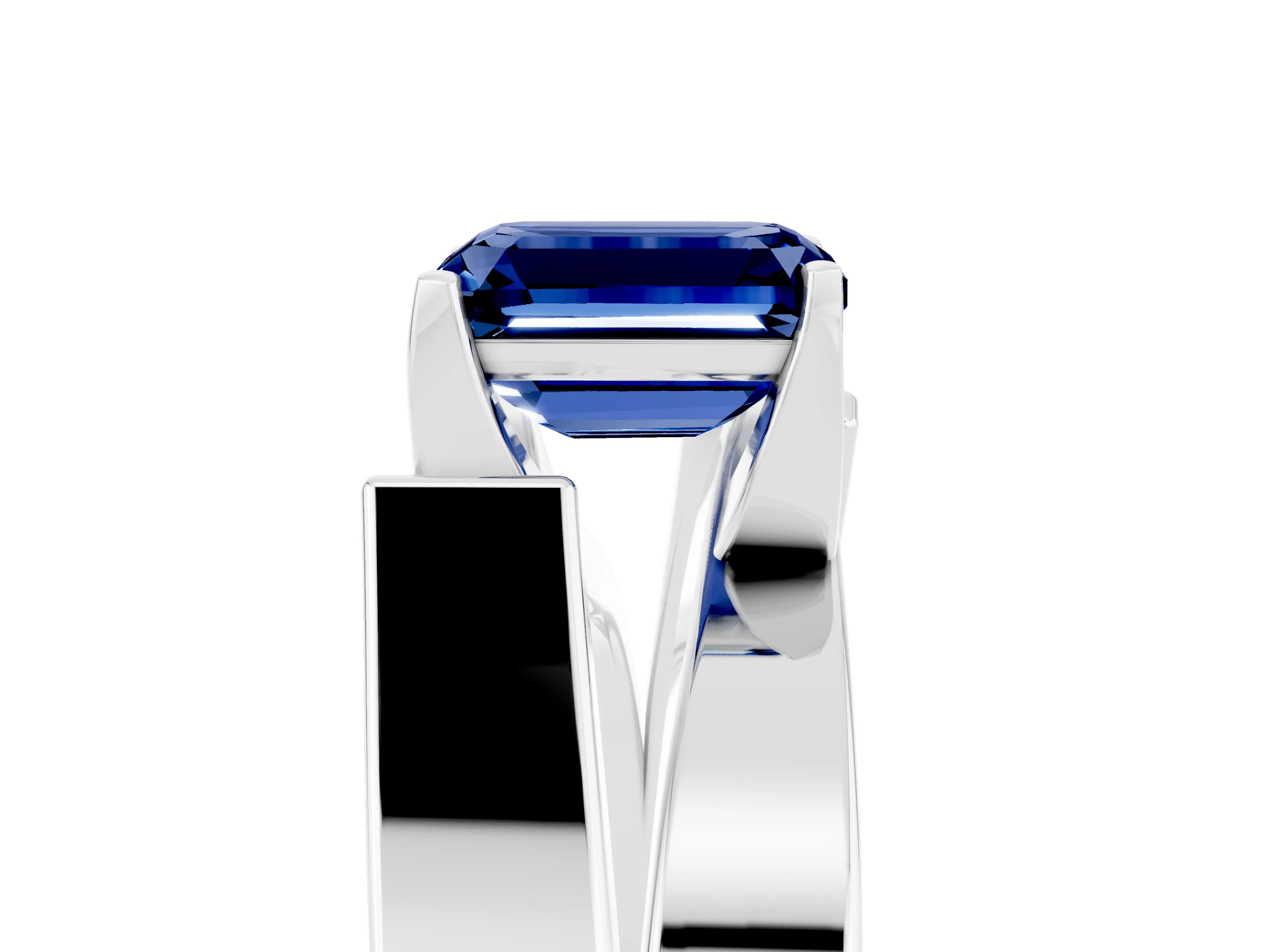 White gold Modern Tension Set Emerald Cut Blue Sapphire Solitaire Wide Band Ring_5