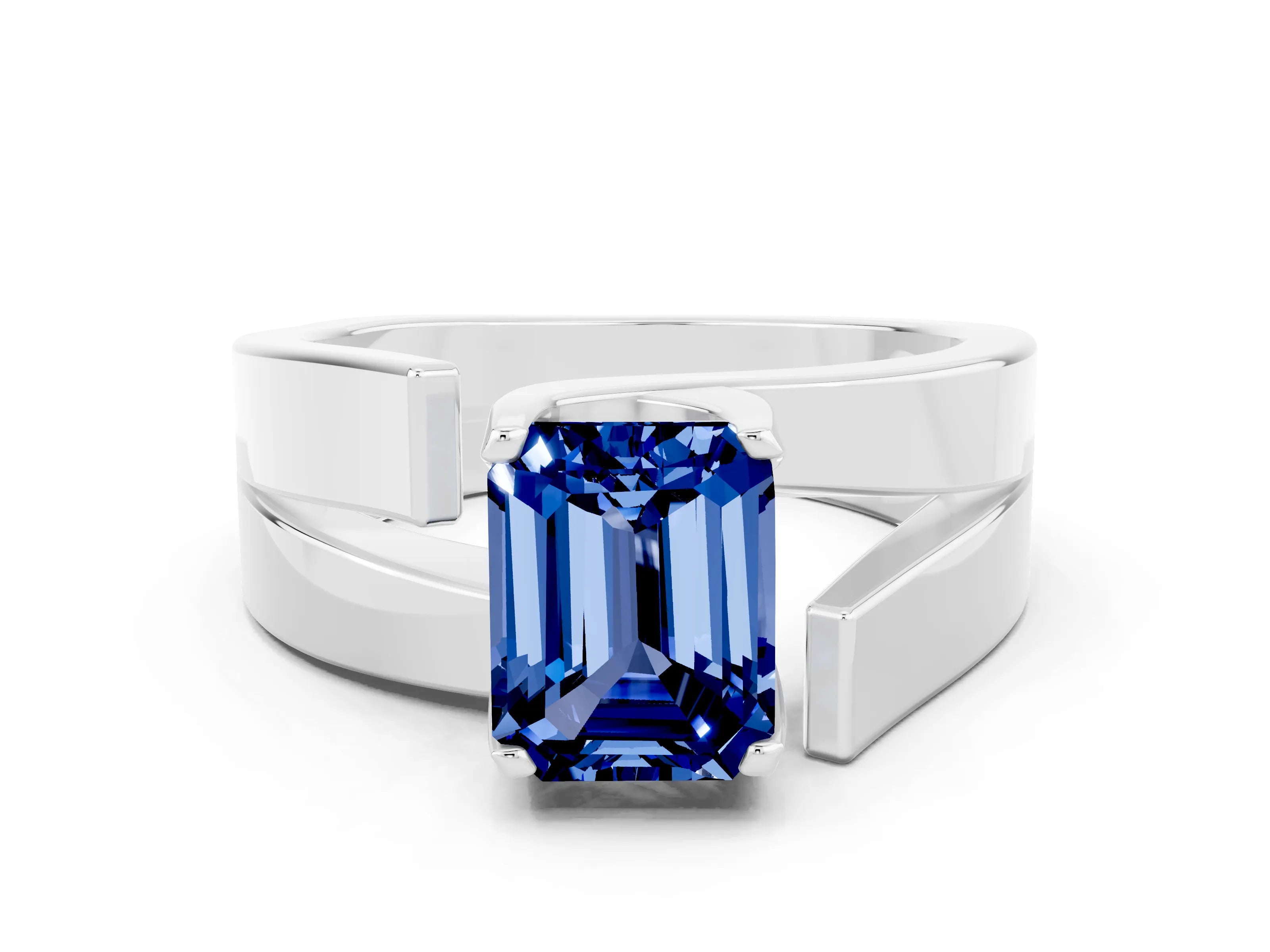White gold Modern Tension Set Emerald Cut Blue Sapphire Solitaire Wide Band Ring