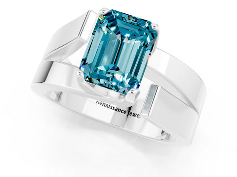 White gold Modern Tension Set Emerald Cut Blue Topaz Solitaire Wide Band Ring_1
