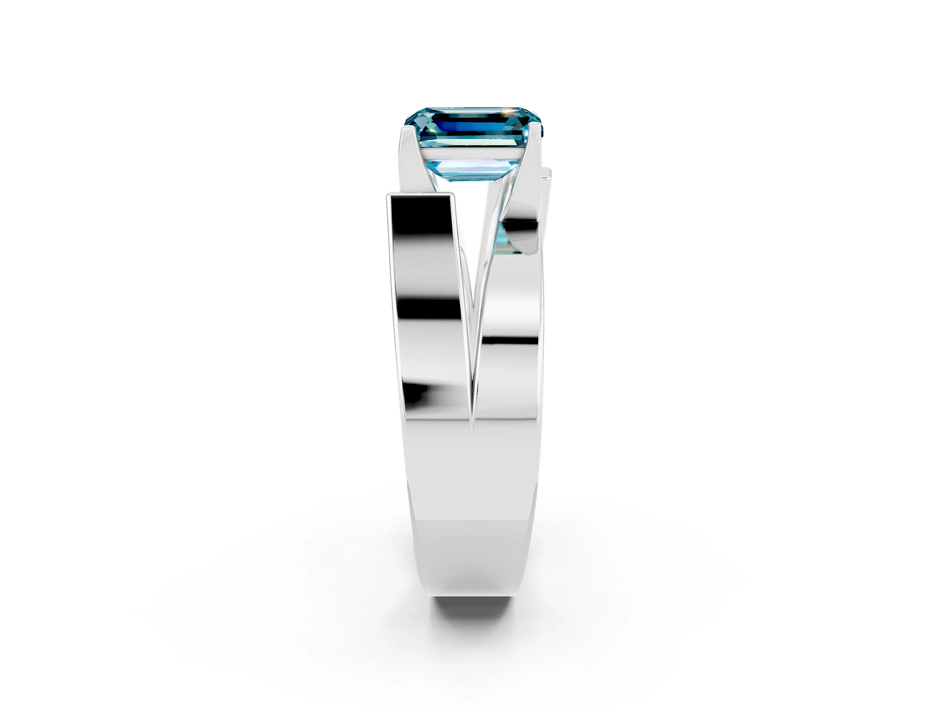 White gold Modern Tension Set Emerald Cut Blue Topaz Solitaire Wide Band Ring_2