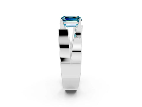 White gold Modern Tension Set Emerald Cut Blue Topaz Solitaire Wide Band Ring_2