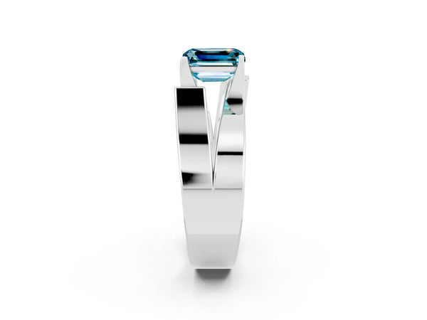 White gold Modern Tension Set Emerald Cut Blue Topaz Solitaire Wide Band Ring
