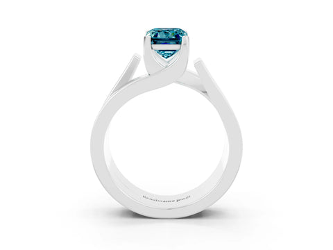 White gold Modern Tension Set Emerald Cut Blue Topaz Solitaire Wide Band Ring_3