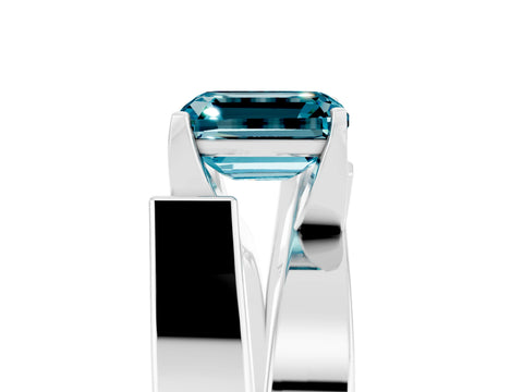 White gold Modern Tension Set Emerald Cut Blue Topaz Solitaire Wide Band Ring_5