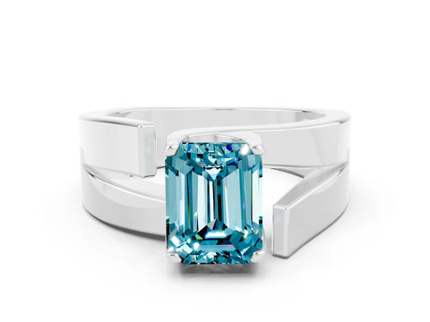 White gold Modern Tension Set Emerald Cut Blue Topaz Solitaire Wide Band Ring