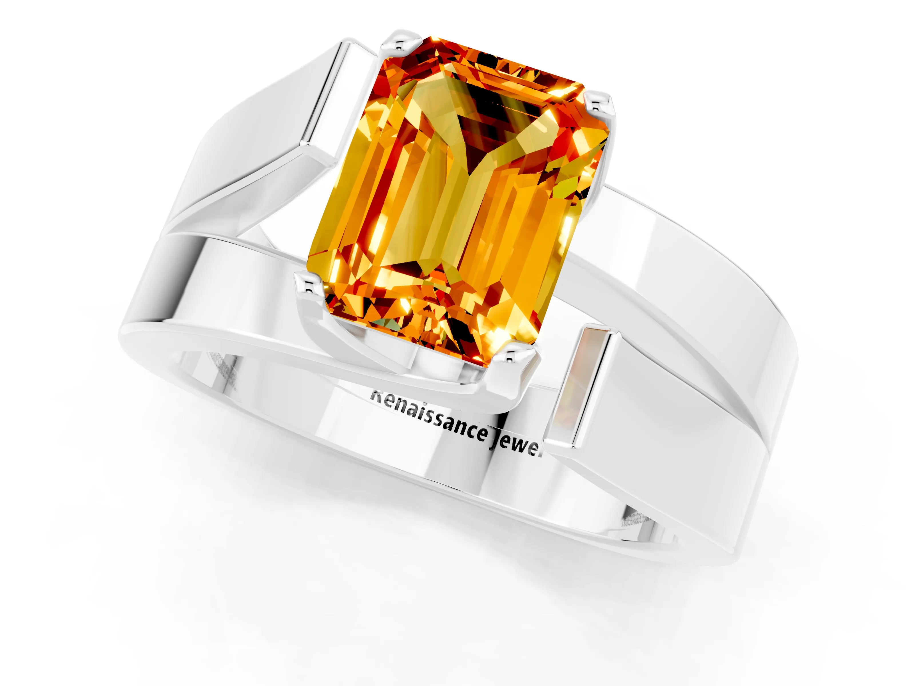 White gold Modern Tension Set Emerald Cut Citrine Solitaire Wide Band Ring_1