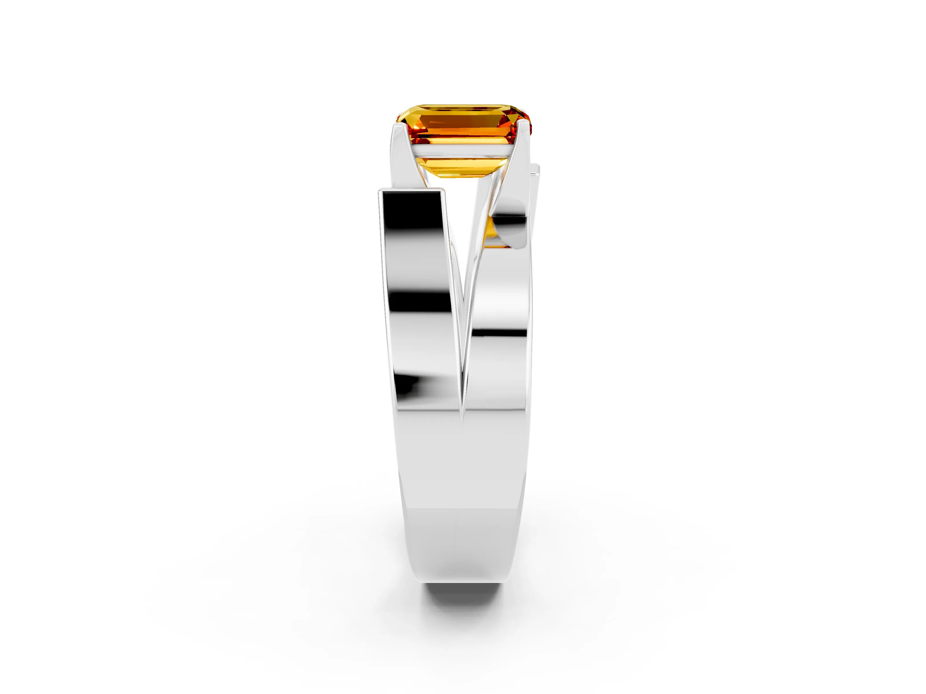 White gold Modern Tension Set Emerald Cut Citrine Solitaire Wide Band Ring_2