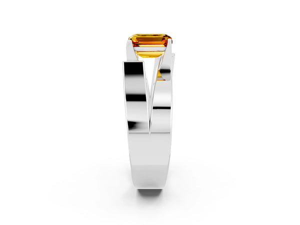 Silver Modern Tension Set Emerald Cut Citrine Solitaire Wide Band Ring