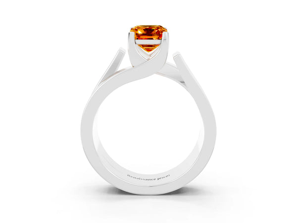 White gold Modern Tension Set Emerald Cut Citrine Solitaire Wide Band Ring