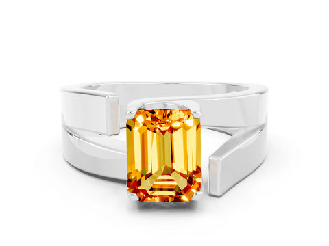 White gold Modern Tension Set Emerald Cut Citrine Solitaire Wide Band Ring