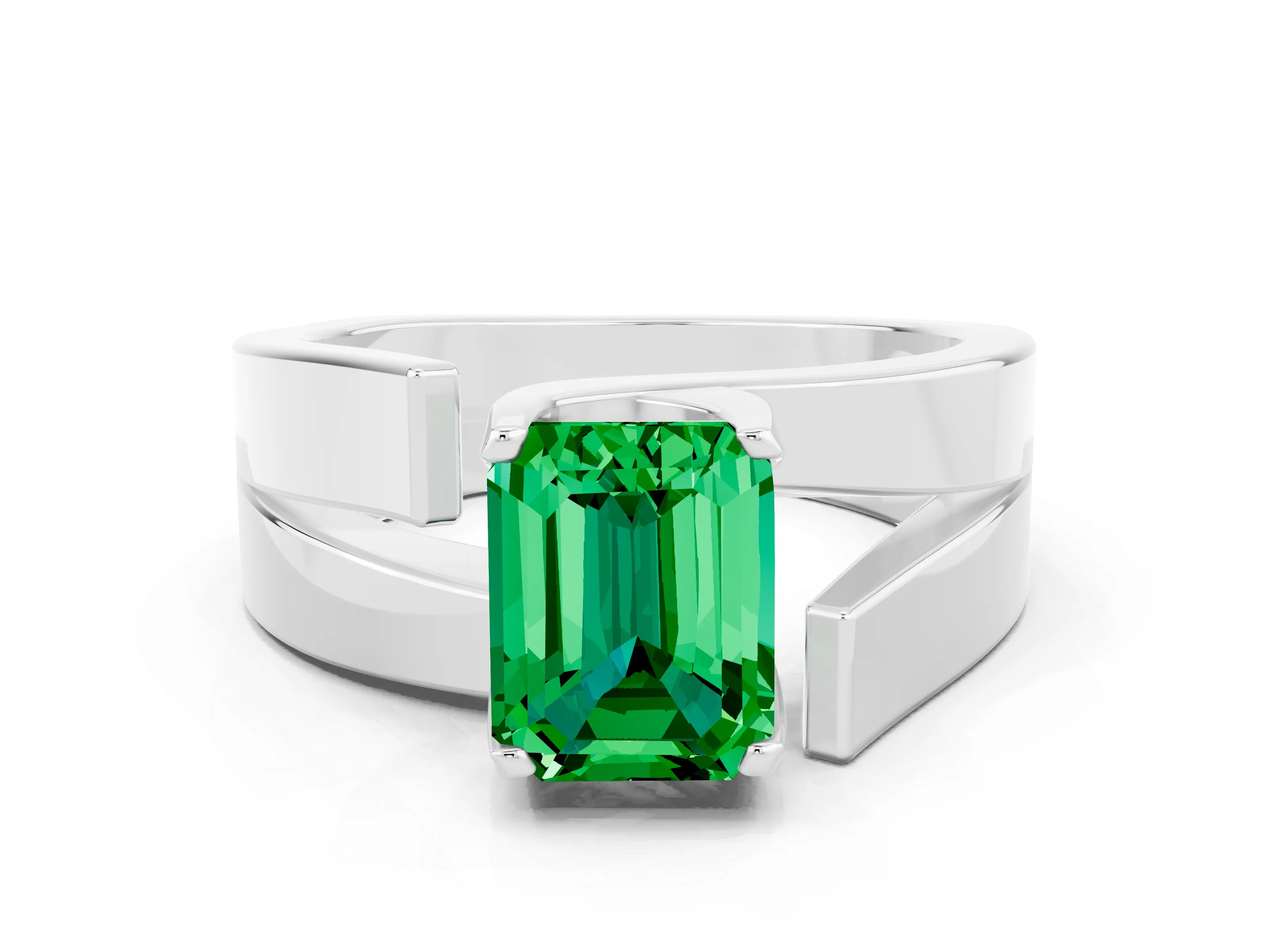 White gold Modern Tension Set Emerald Cut Emerald Solitaire Wide Band Ring_18