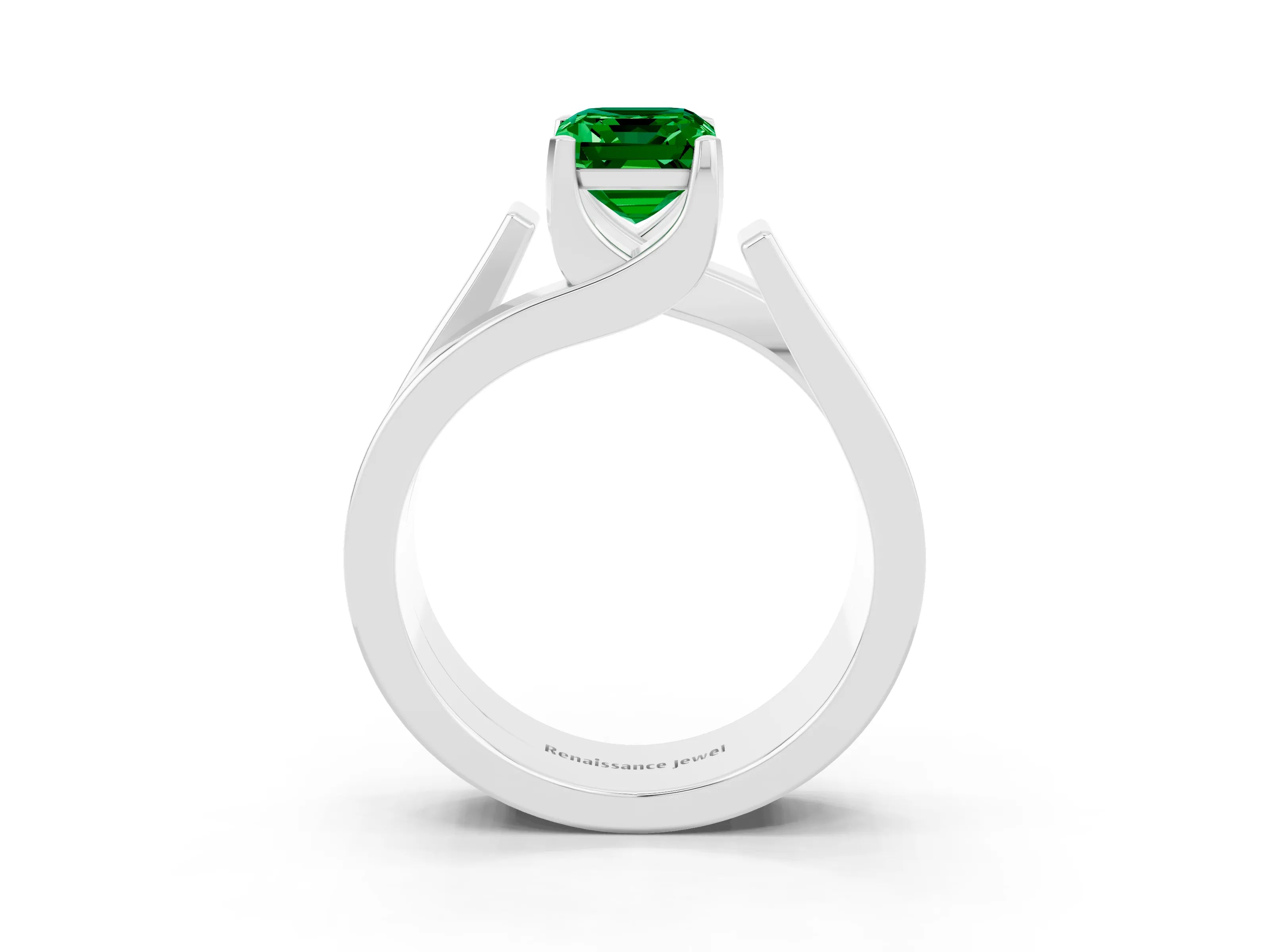 White gold Modern Tension Set Emerald Cut Emerald Solitaire Wide Band Ring_22