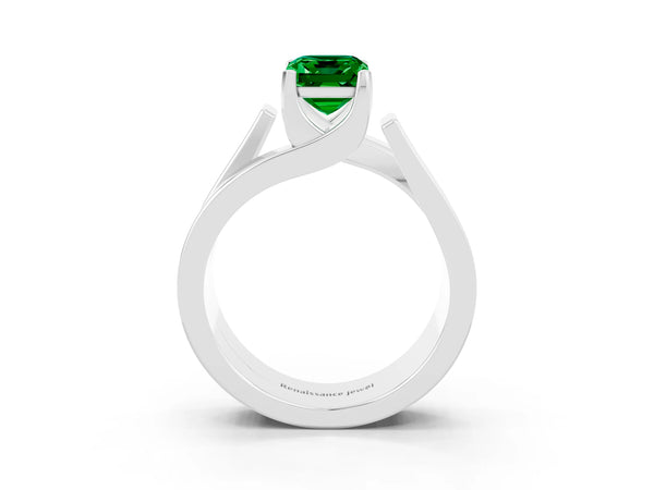 Silver Modern Tension Set Emerald Cut Emerald Solitaire Wide Band Ring