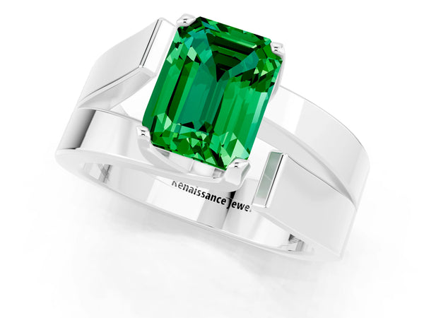 Platinum Modern Tension Set Emerald Cut Emerald Solitaire Wide Band Ring
