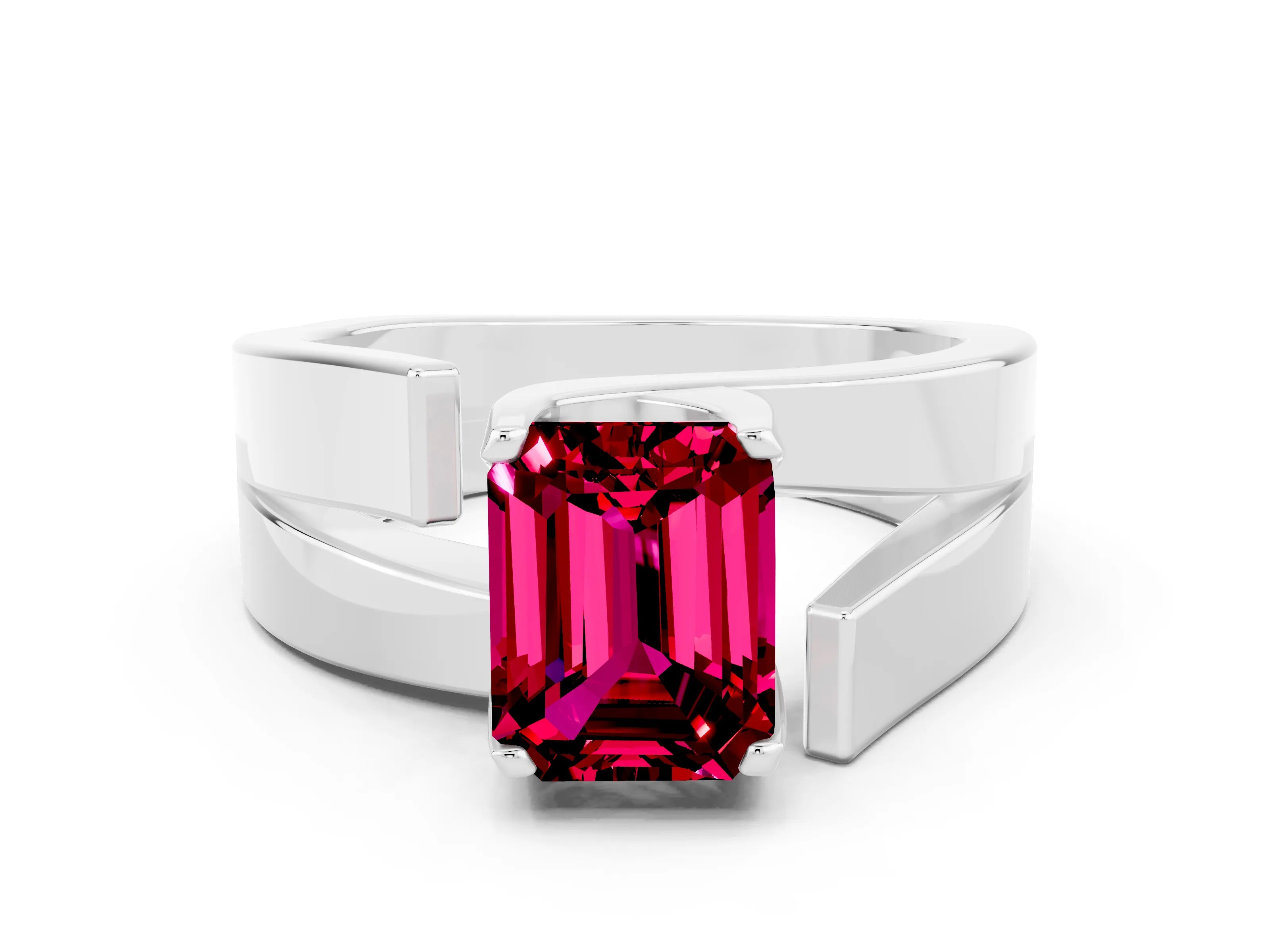 White gold Modern Tension Set Emerald Cut Garnet Solitaire Wide Band Ring