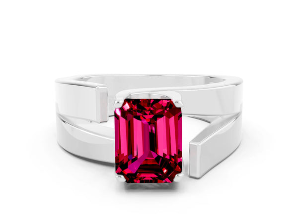 Platinum Modern Tension Set Emerald Cut Garnet Solitaire Wide Band Ring