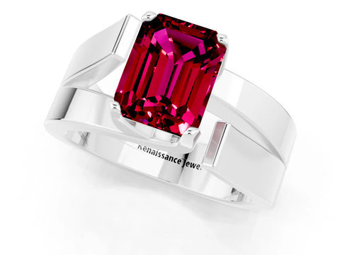 White gold Modern Tension Set Emerald Cut Garnet Solitaire Wide Band Ring_1