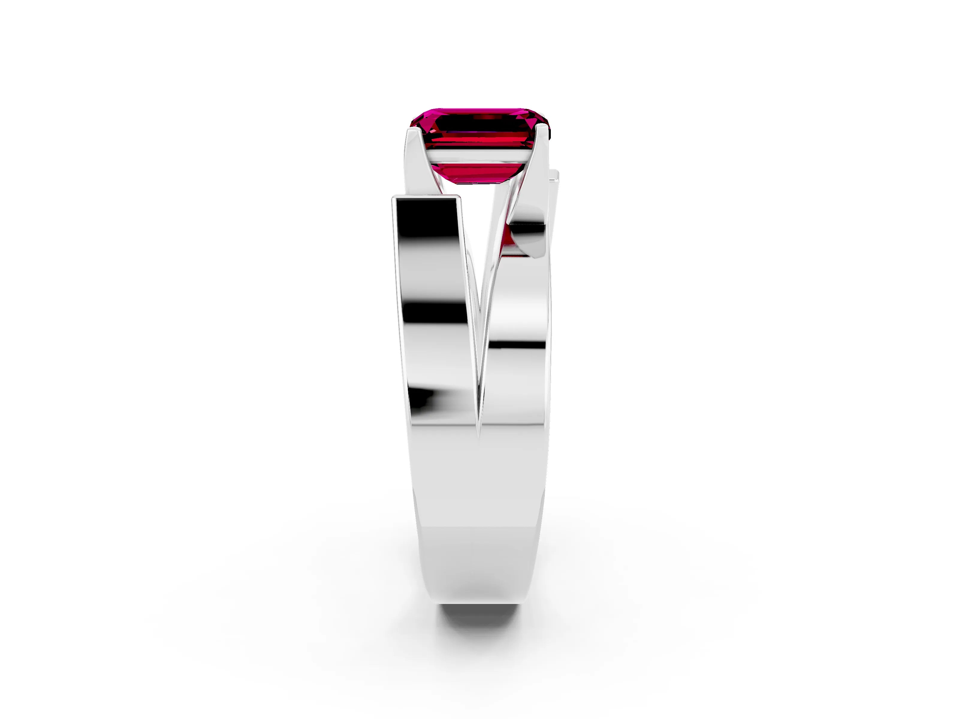 White gold Modern Tension Set Emerald Cut Garnet Solitaire Wide Band Ring_2