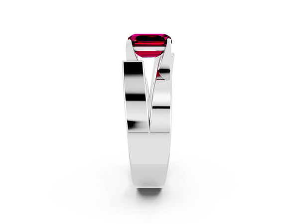 Silver Modern Tension Set Emerald Cut Garnet Solitaire Wide Band Ring