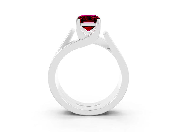 Platinum Modern Tension Set Emerald Cut Garnet Solitaire Wide Band Ring