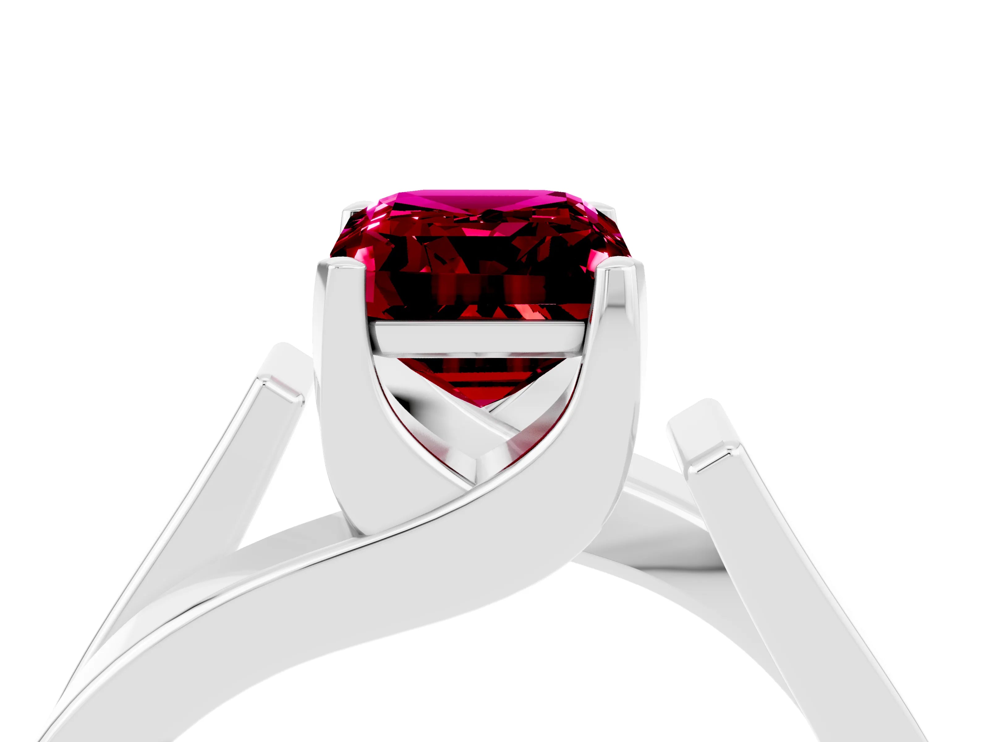 White gold Modern Tension Set Emerald Cut Garnet Solitaire Wide Band Ring_4