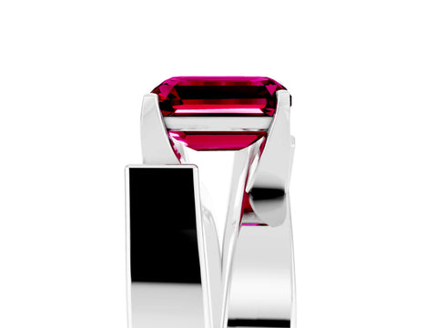 White gold Modern Tension Set Emerald Cut Garnet Solitaire Wide Band Ring_5