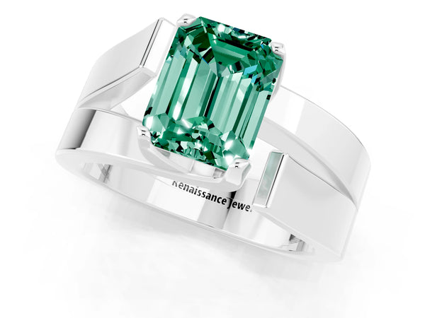 Silver Modern Tension Set Emerald Cut Green Sapphire Solitaire Wide Band Ring