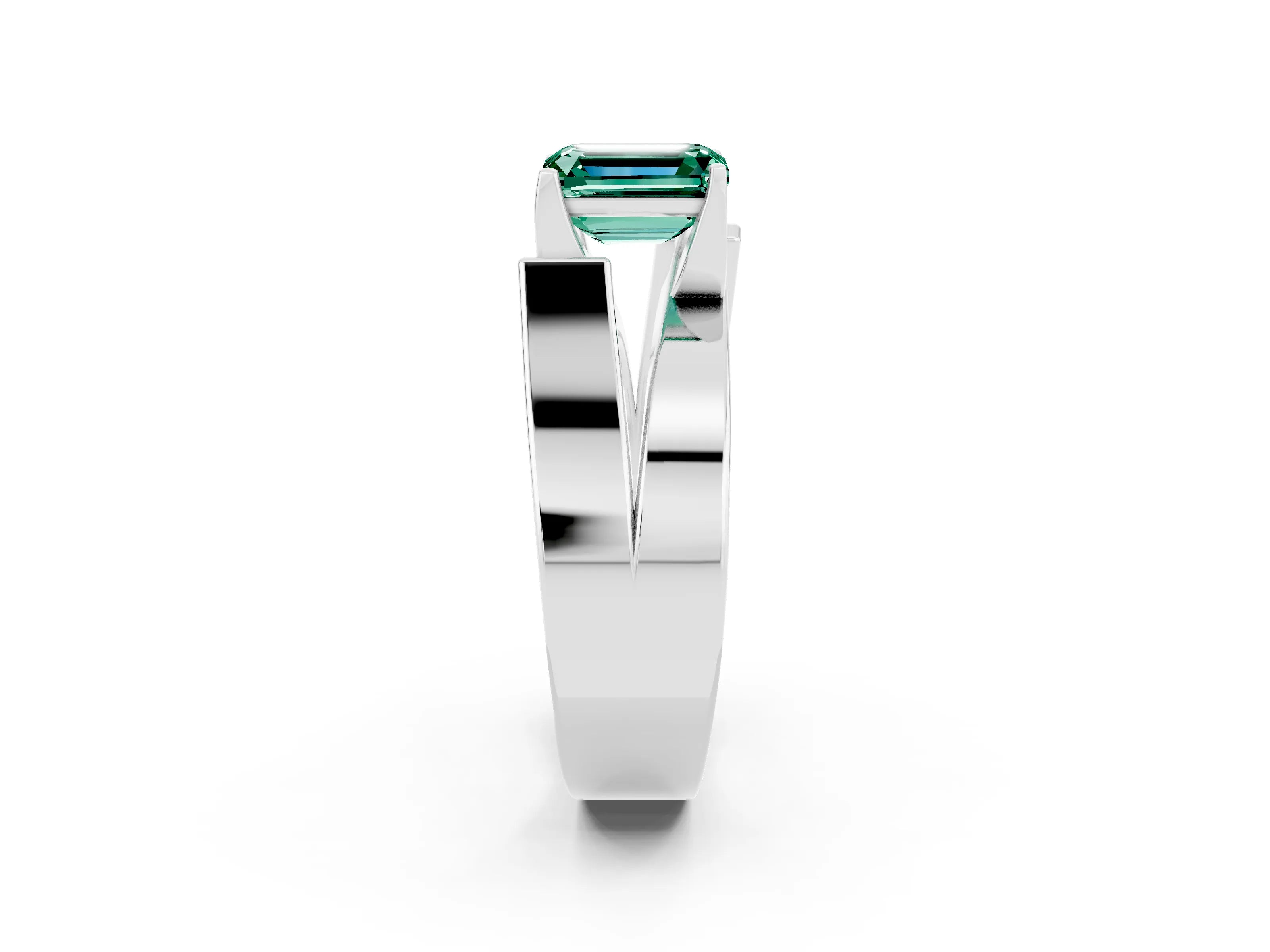 White gold Modern Tension Set Emerald Cut Green Sapphire Solitaire Wide Band Ring_2