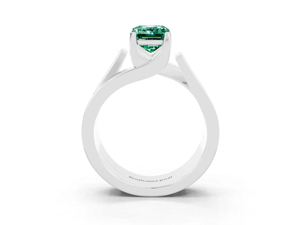 Platinum Modern Tension Set Emerald Cut Green Sapphire Solitaire Wide Band Ring