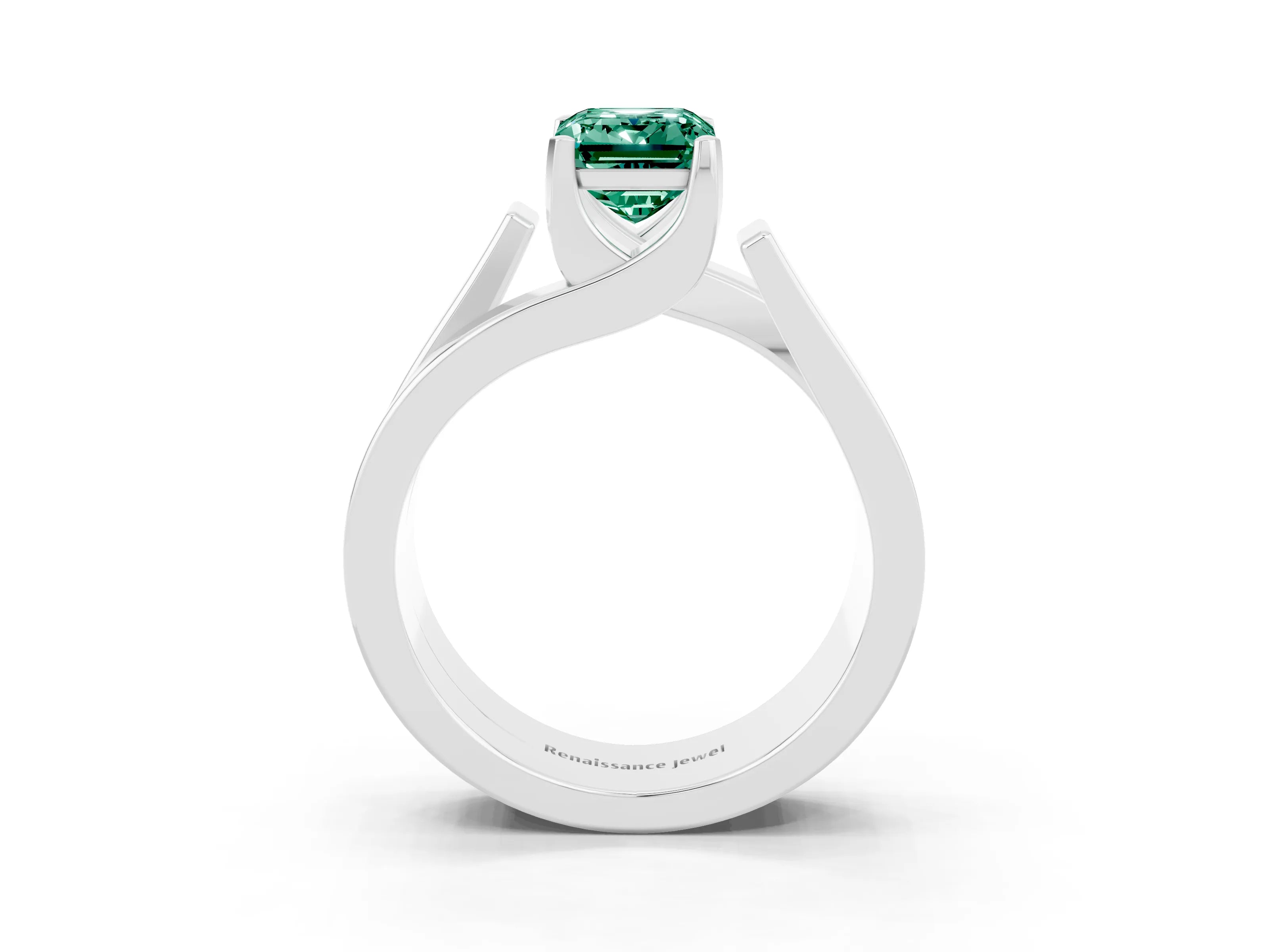 White gold Modern Tension Set Emerald Cut Green Sapphire Solitaire Wide Band Ring_3