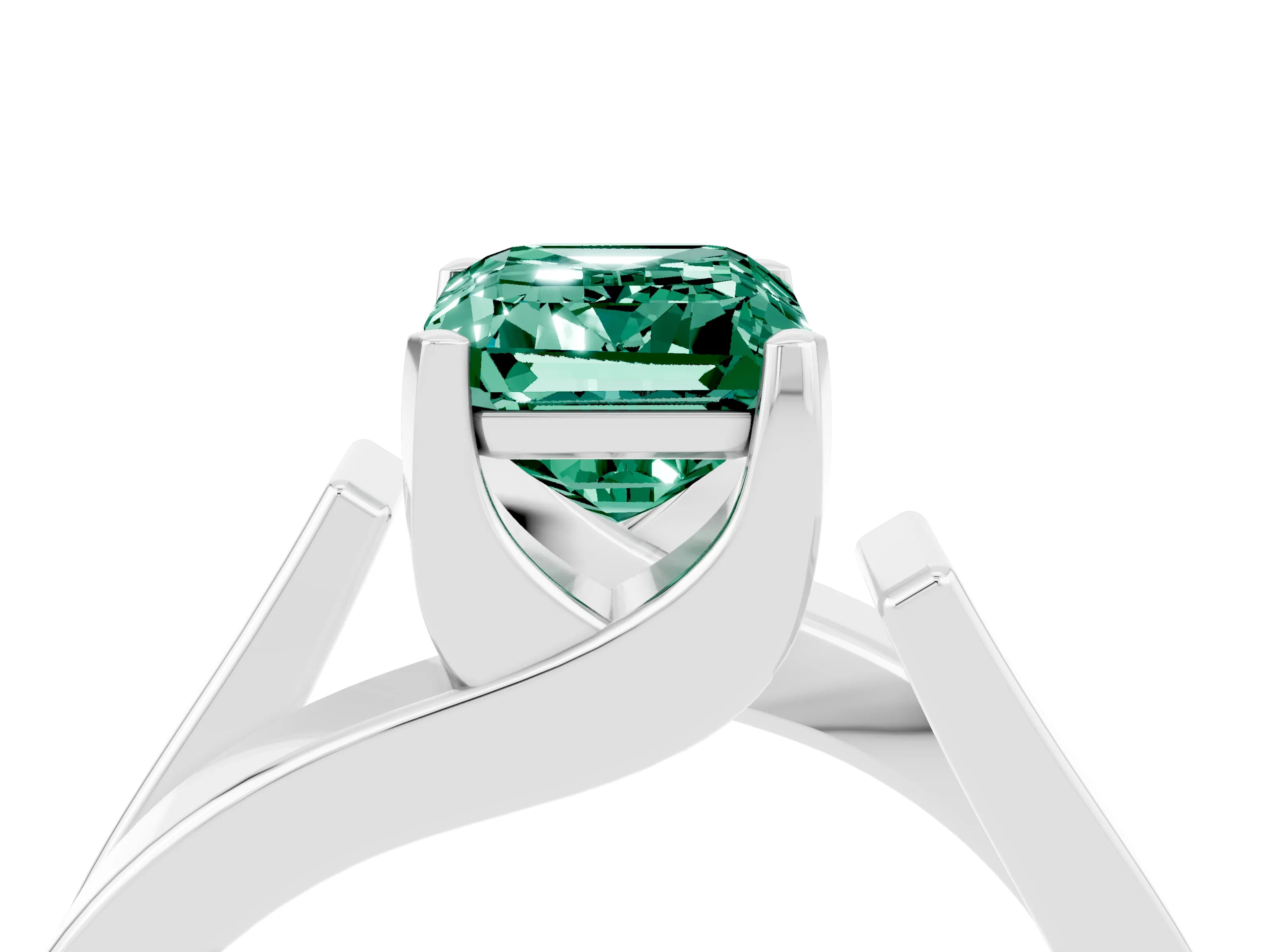 White gold Modern Tension Set Emerald Cut Green Sapphire Solitaire Wide Band Ring_4