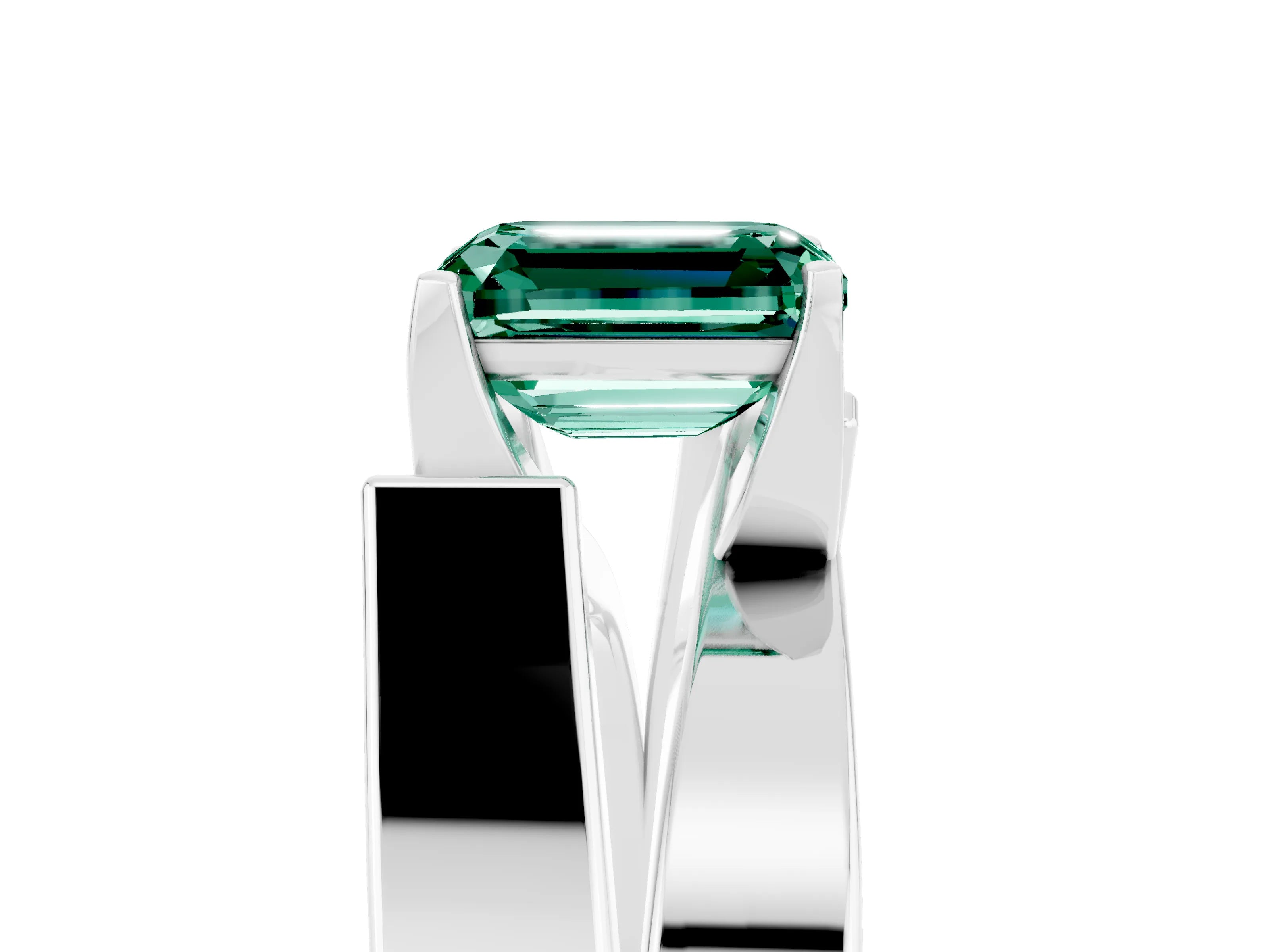 White gold Modern Tension Set Emerald Cut Green Sapphire Solitaire Wide Band Ring_5