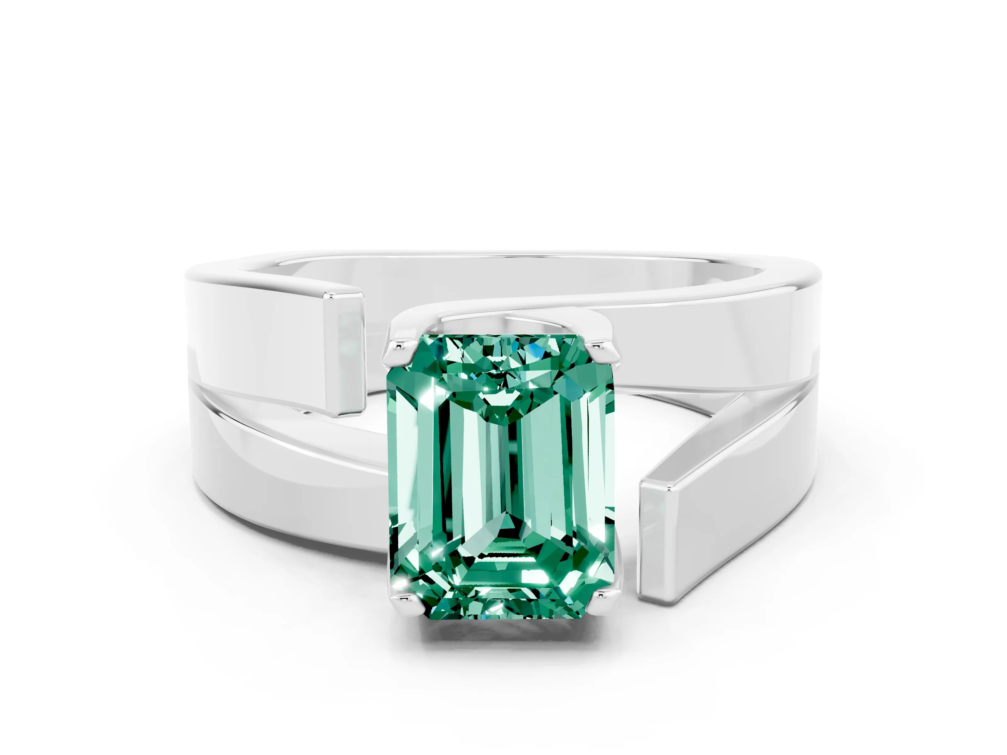 White gold Modern Tension Set Emerald Cut Green Sapphire Solitaire Wide Band Ring