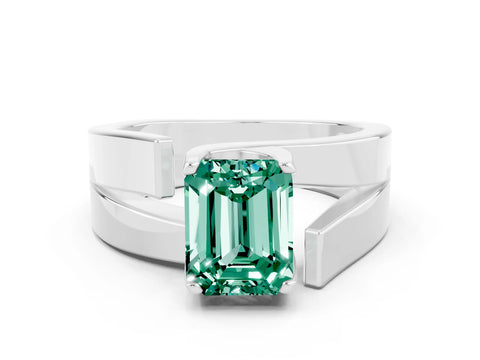 White gold Modern Tension Set Emerald Cut Green Sapphire Solitaire Wide Band Ring
