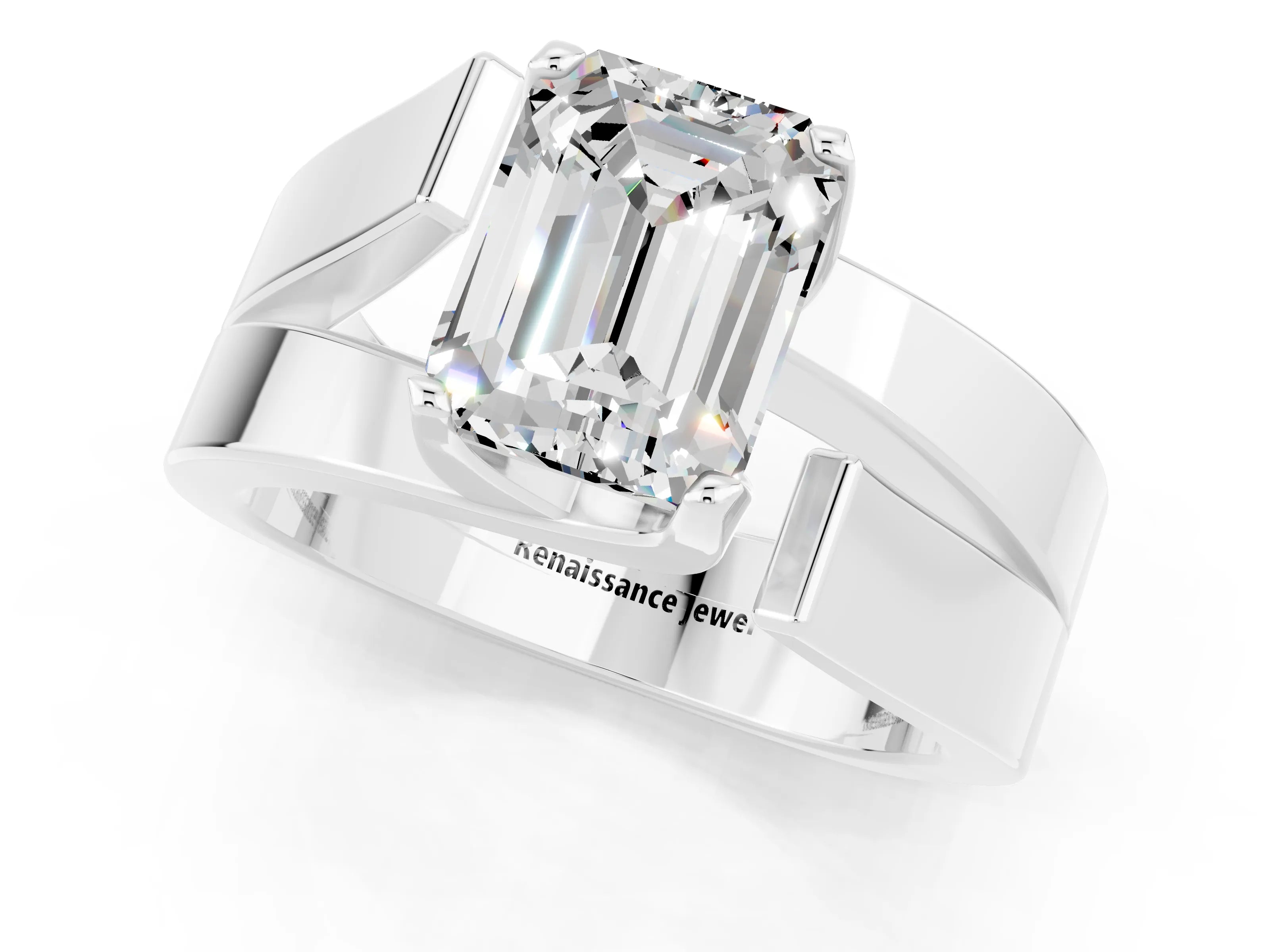 White gold Modern Tension Set Emerald Cut Moissanite Solitaire Wide Band Ring_19