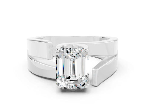 White gold Modern Tension Set Emerald Cut Moissanite Solitaire Wide Band Ring_19