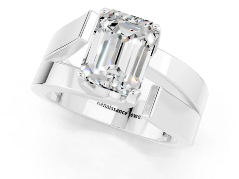 White gold Modern Tension Set Emerald Cut Moissanite Solitaire Wide Band Ring_20