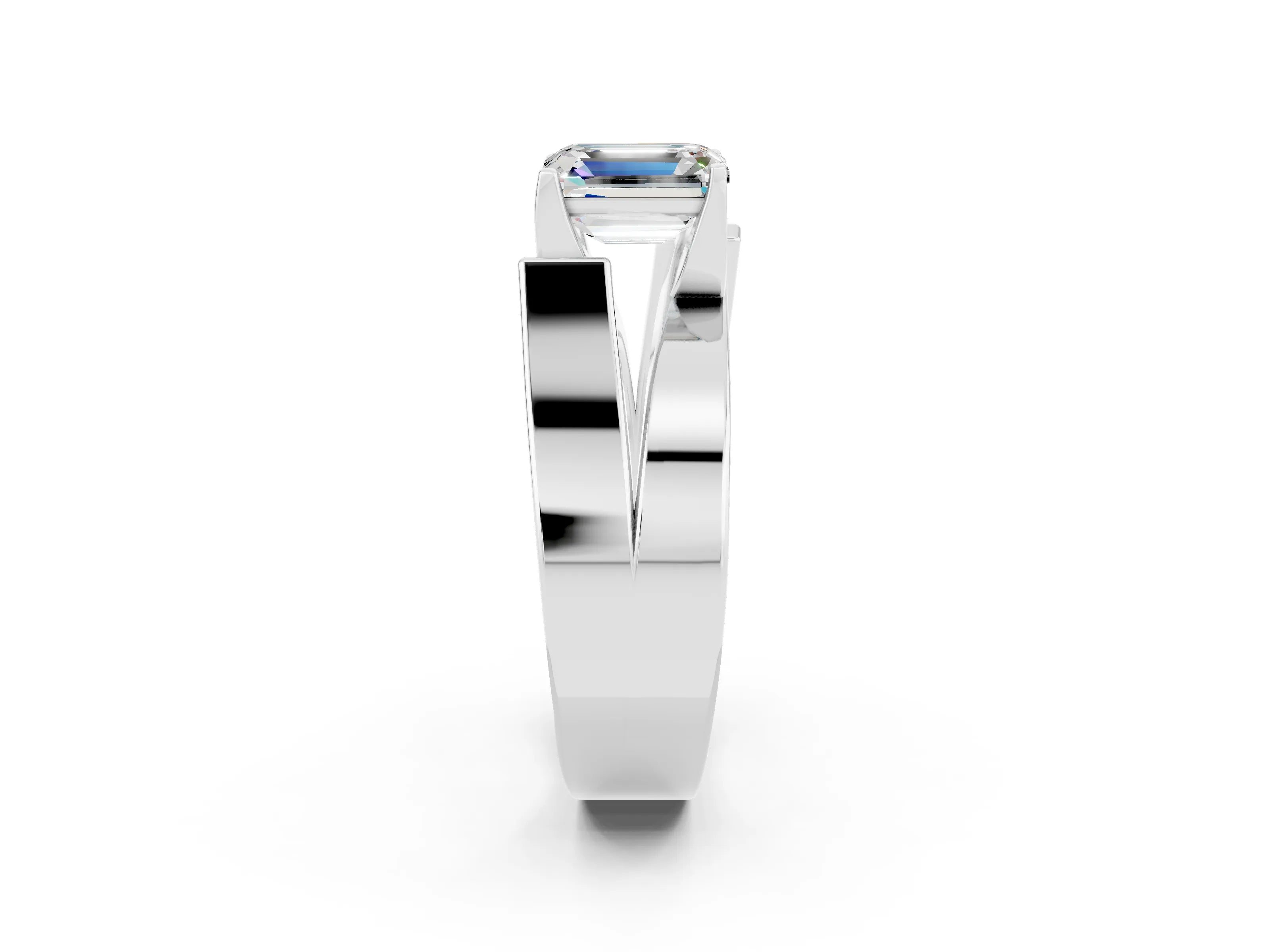 White gold Modern Tension Set Emerald Cut Moissanite Solitaire Wide Band Ring_21