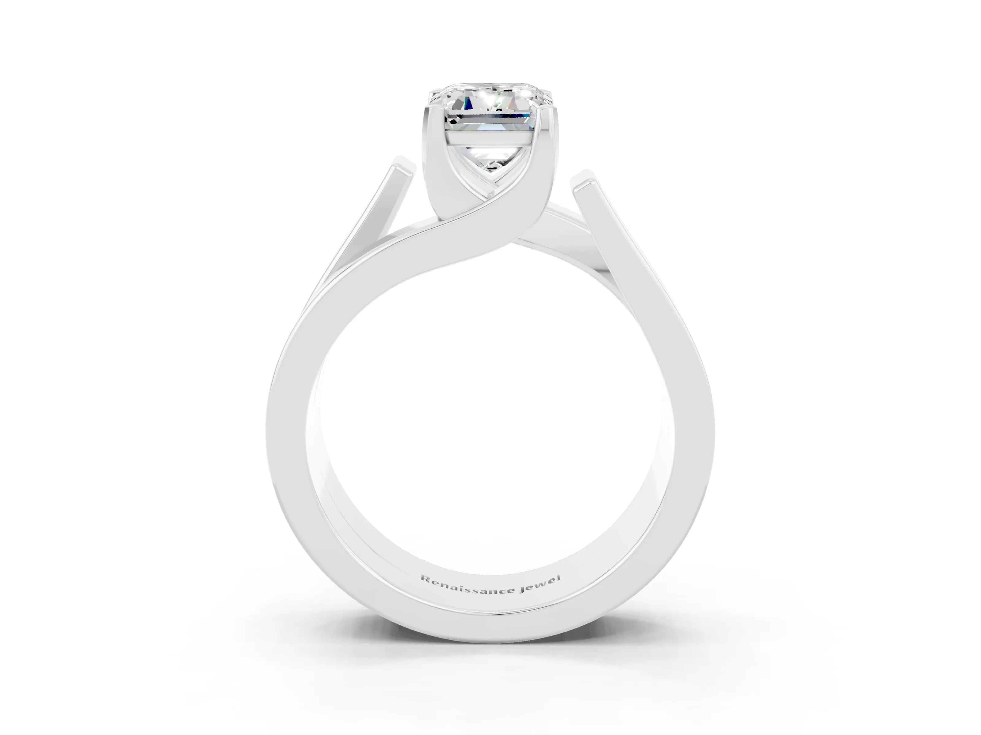 White gold Modern Tension Set Emerald Cut Moissanite Solitaire Wide Band Ring_21